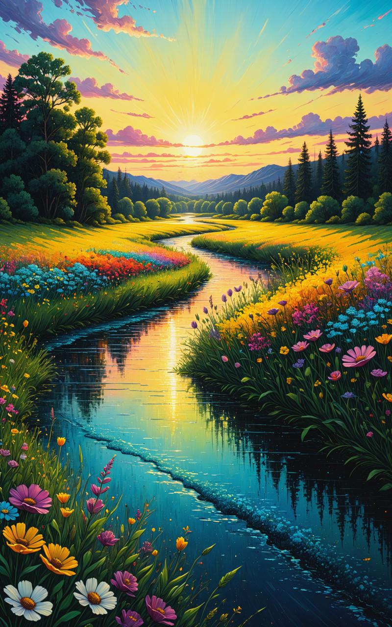 10621-3768810151-A bright colorful painting depicting a calm, quiet river running through a meadow with beautiful flowers, a sky with clouds illu.png